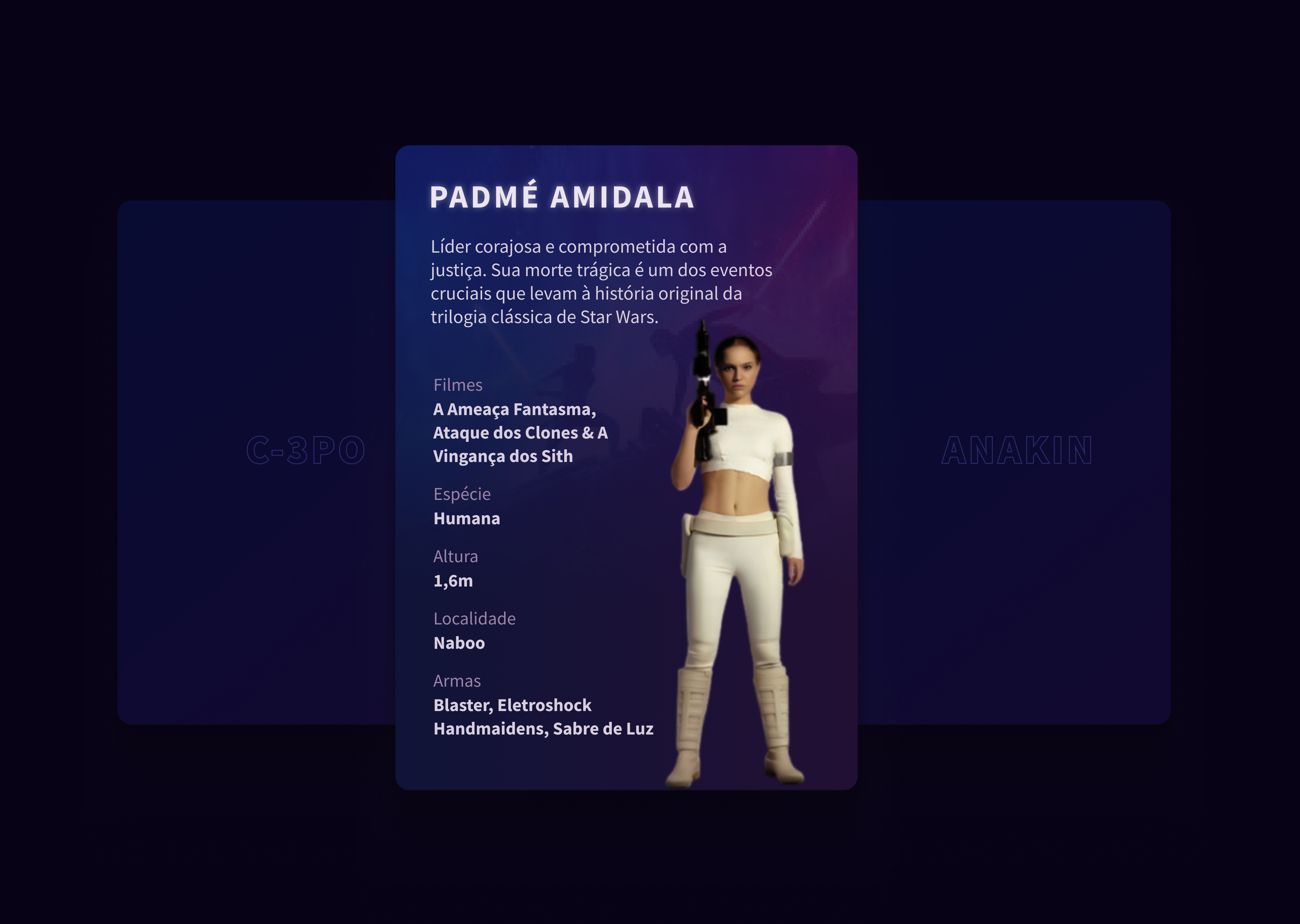 card da personagem padma amidala. camiseta e calça branca segurando uma arma