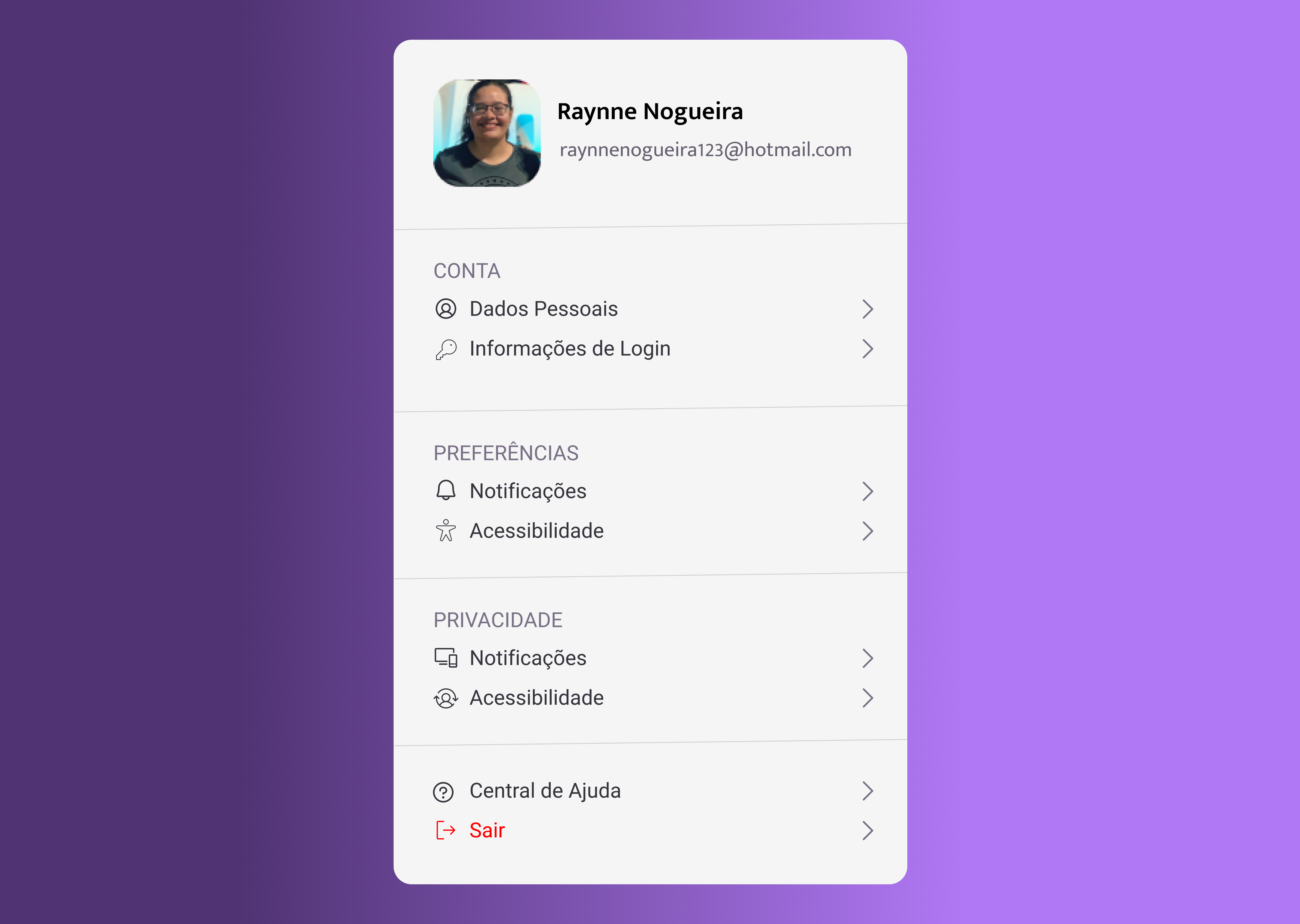 perfil com algumas opções