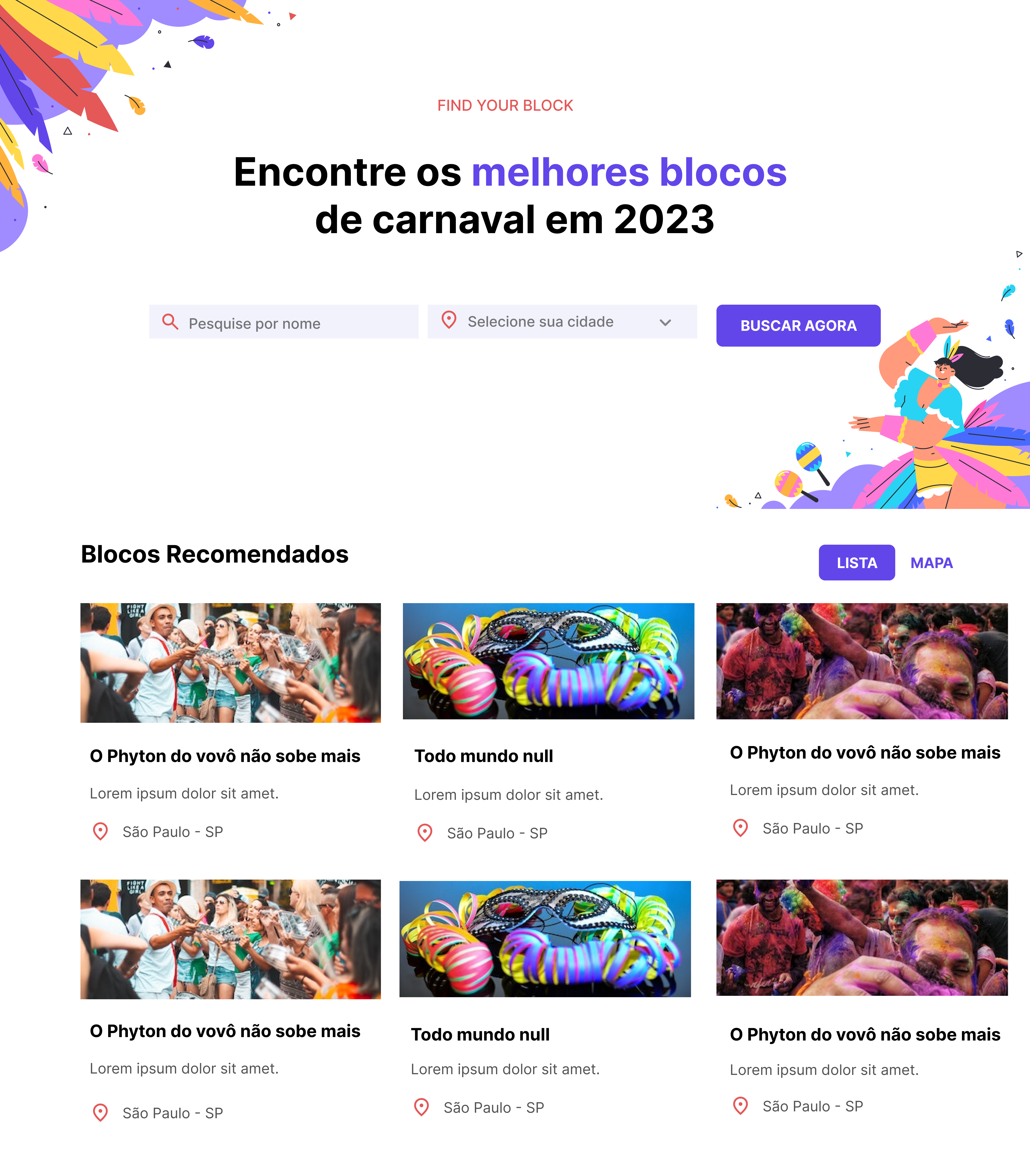 fotos de pessoas curtindo o carnaval e uma barra de pesquisa
